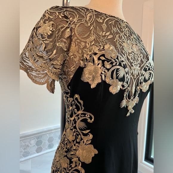 Marchesa Notte Mermaid Black Stretch Crepe and Gold Lace Embroidered Ball Gown 8 - Picture 4 of 16